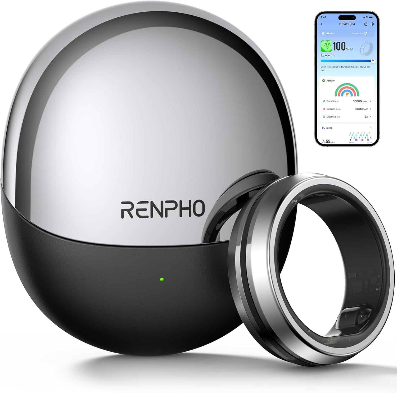 RENPHO Lynx Smart Ring-All Day Sleep & Activity Tracking, Includes Charging Case, Gifts for Men, 7-Day Battery Life, Subscription-Free App for iOS & Android, Size Before You Buy (Silver, Size 10)