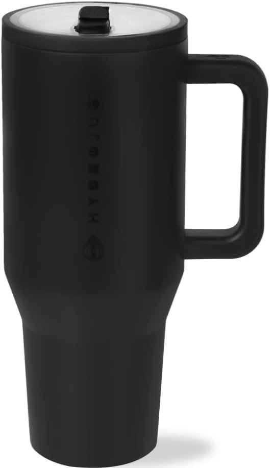 HydroJug Traveler – 32 oz Water Bottle with Handle & Flip Straw – Fits in Cup Holder, Leak Resistant Tumbler-Reusable Insulated Stainless Steel & Rubber Base – Gifts for Women & Men, Black