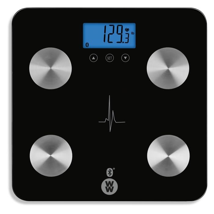 Weight Watchers Scale Total Body Measurements Fat Water Muscle Bone BMI Mass Conair App Bluetooth Heart Rate Scale Black, WW934ZF