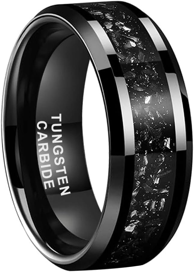 TUTISS 6mm 8mm Silver/Black Tungsten Rings for Men Women Meteorite Shavings Inlay Promise Engagement Wedding Bands Beveled Edges Polished Shiny Comfort Fit