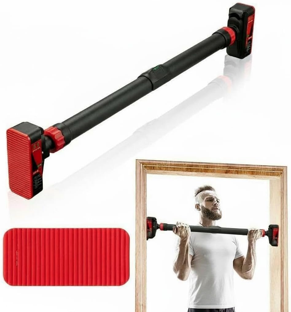 Pull Up Bar for Doorway – Adjustable No Screws Chin Up Bar for Home Gym, 440 LBS Max Load, with Level Meter & Anti-Slip Design for Strength Training,Red