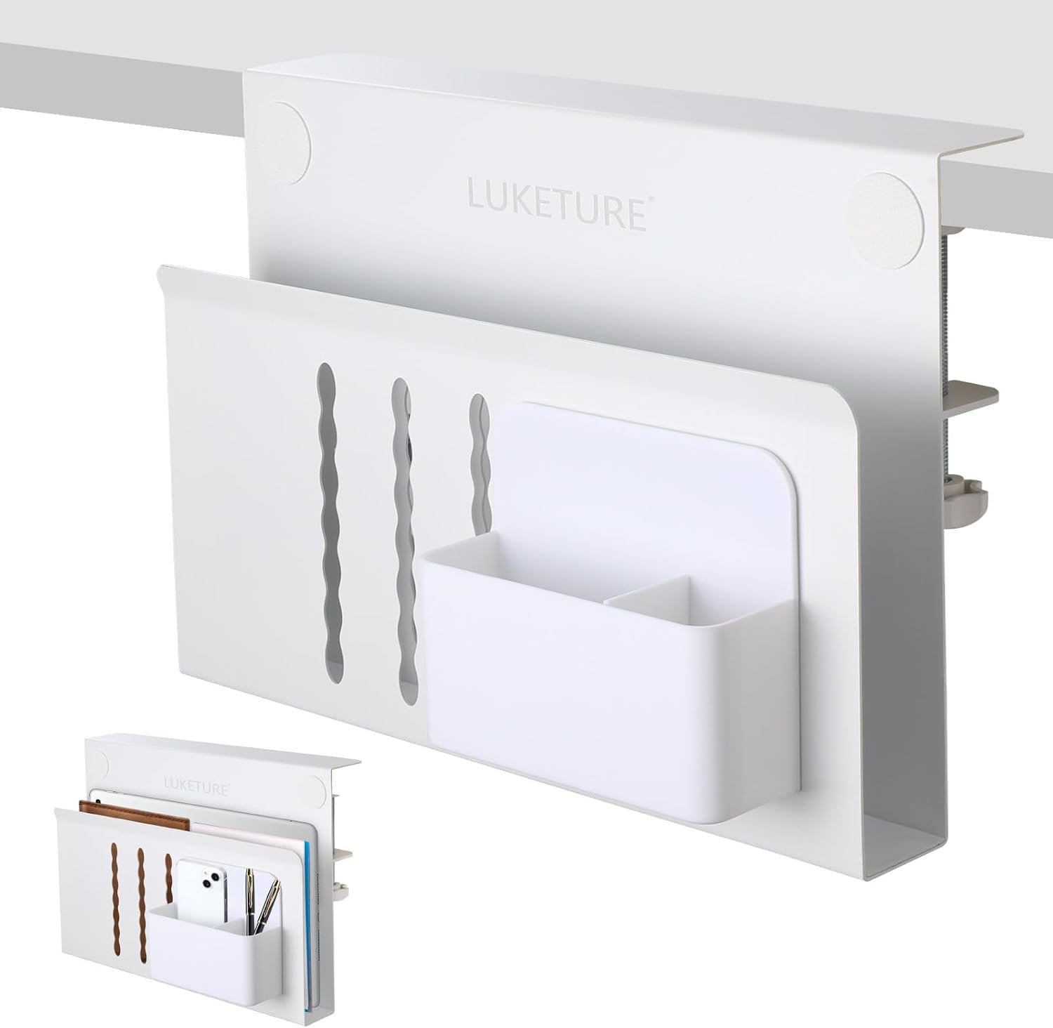 LUKETURE Desk Side Storage, Steel Side Desk Organizer, No Drill Laptop Holder, Clamp on Laptop Mount with Pen Holder, Table Hanging Storage for Home Office, Fits Flat Edge Tables 0.3″ to 2.8″