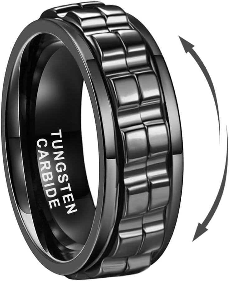 TUTISS 8mm Silver/Black/Gold Tungsten Titanium Spinner Rings for Men Women Anxiety Released Promise Engagement Wedding Bands Stepped Polished Shiny Comfort Fit