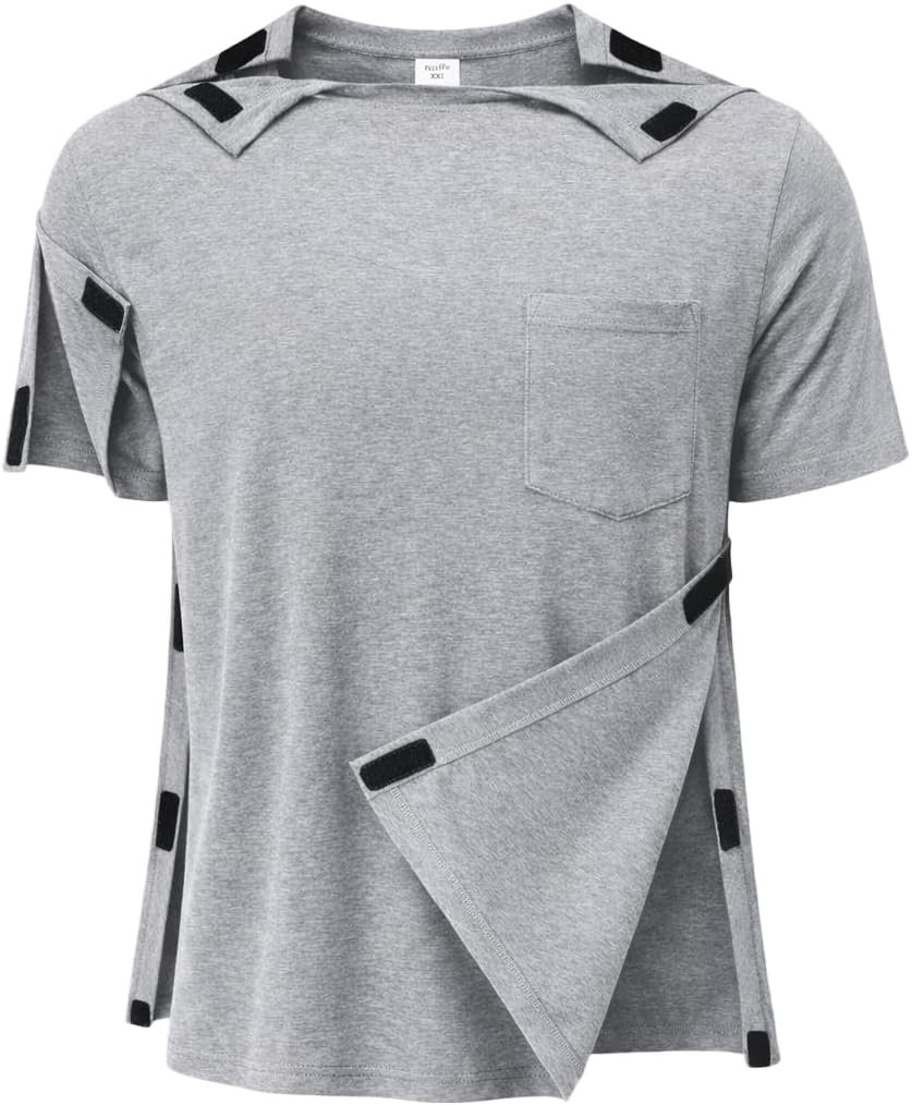 Men’s Shoulder Surgery Shirt Full Open Side Shoulder Access Short Sleeve Recovery Top Hook and Loop Closure S–2XL