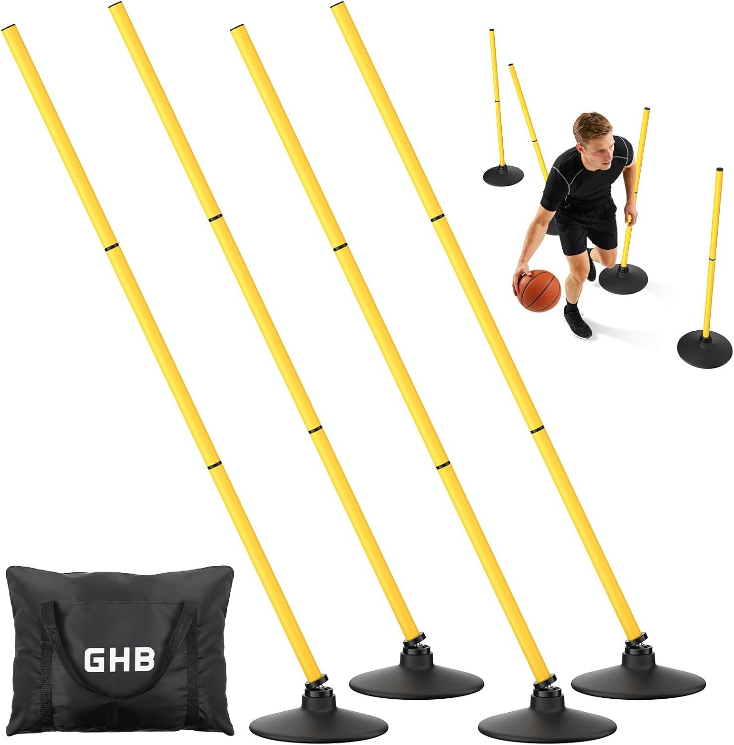 GHB Agility Poles 4 Pack 50″ Rebound Sports Basketball Training Poles,Detachable Speed Training Equipment Football Accessories with Rubber Base