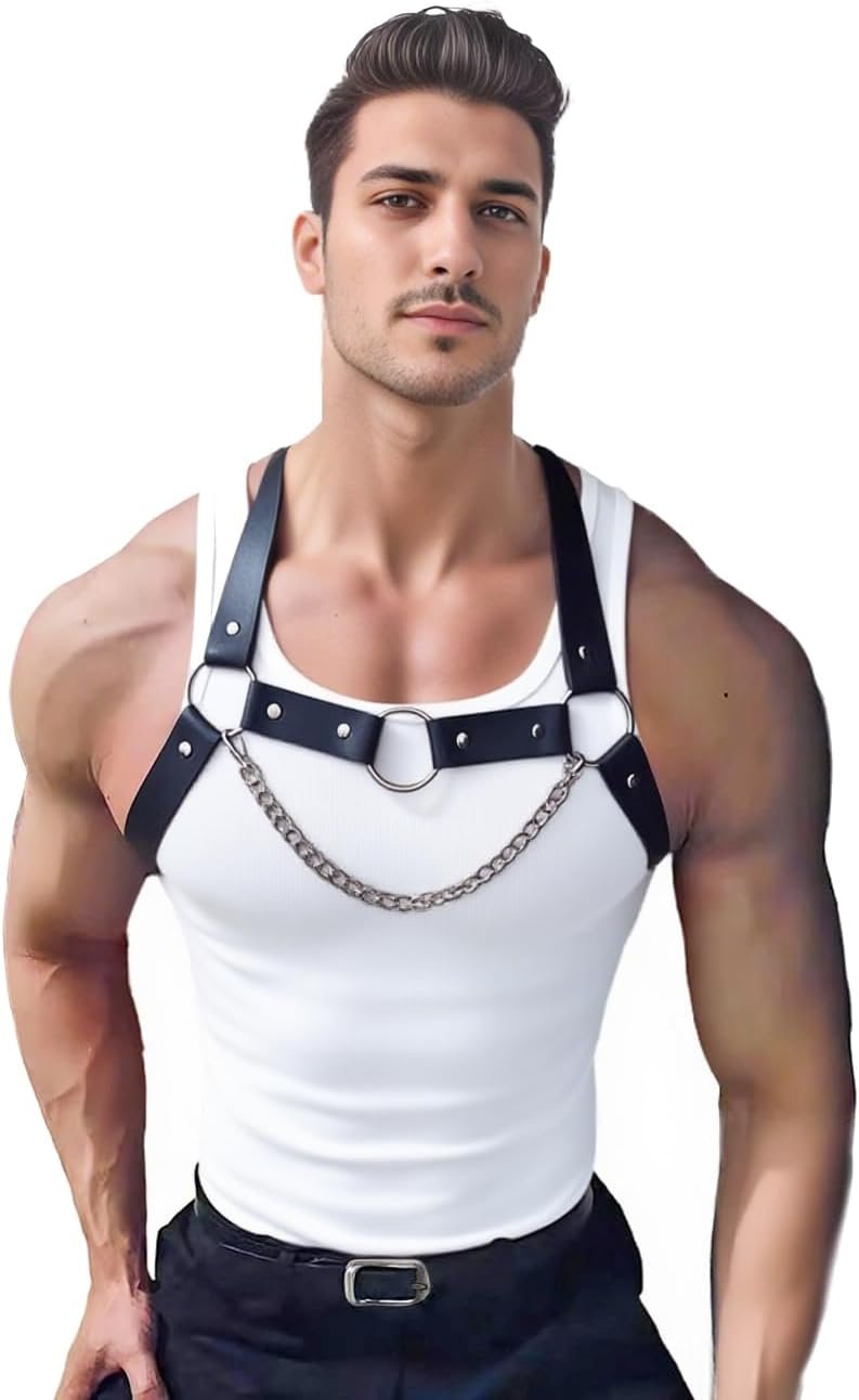 Men’s PU Leather Chest Harness Belt with Chain, Adjustable Neck Harness Belt for Men, Male Punk Chest Shoulder Harness for Punk Cosplay, Muscle Show Clubwear Nightclub Stage Party Outfits X025