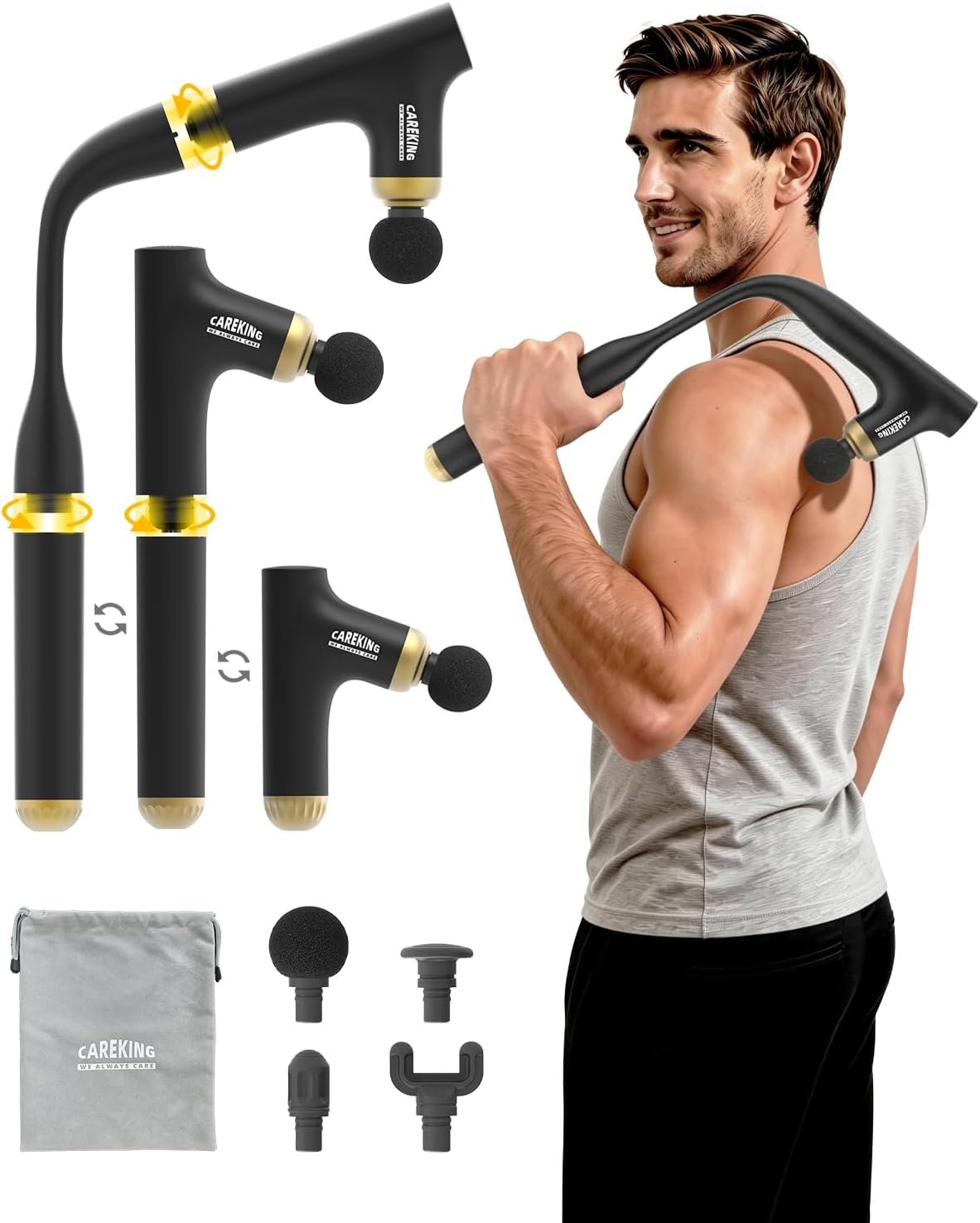 3-in-1 Muscle Massager Gun Deep Tissue with Long Handle, Handheld Percussion Back Massager for Pain Relief, Shoulder, Arm, Thigh, Waist, Neck