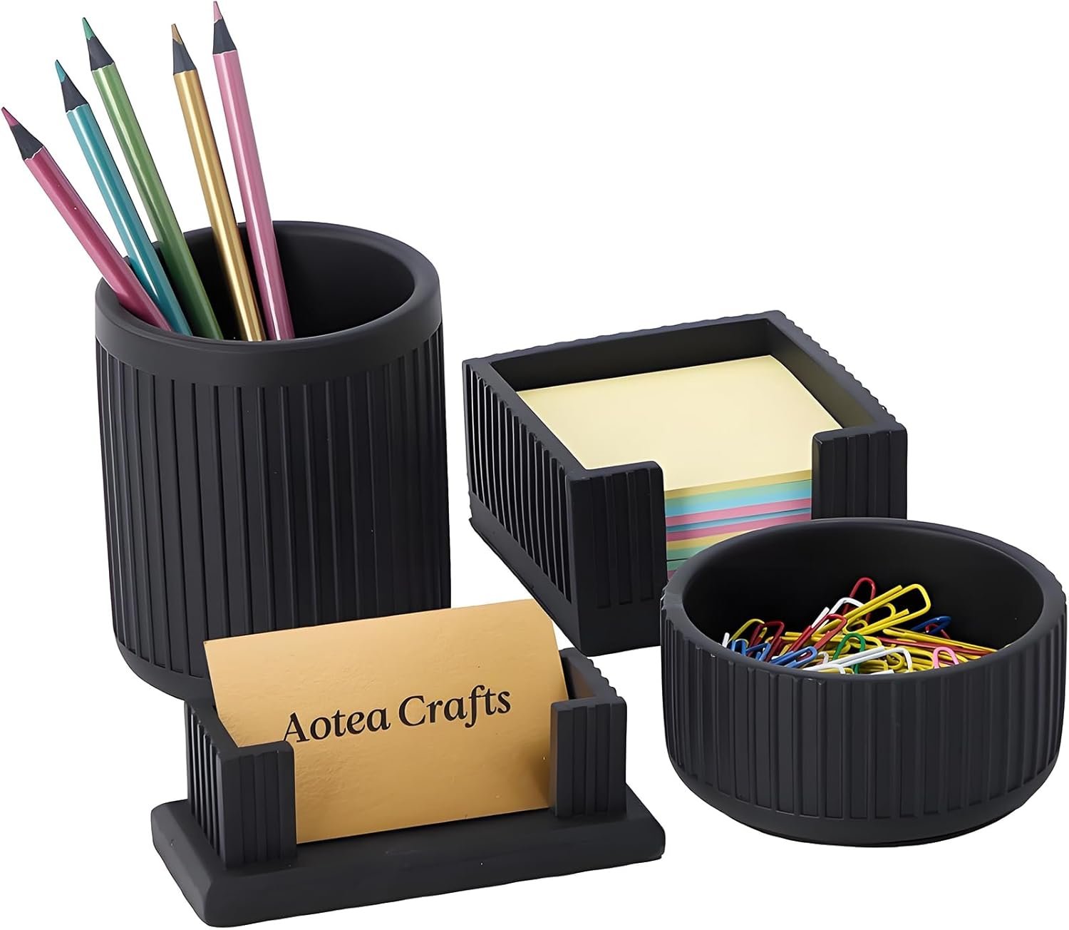 Set of 4 – Concrete Desk Accessories For Modern, Industrial, Minimalist Office Decor- Aesthetic Desk Organizers Accessories For Women or Men- Pen, Business Card Holder & Sticky Note, Paper Clip Holder