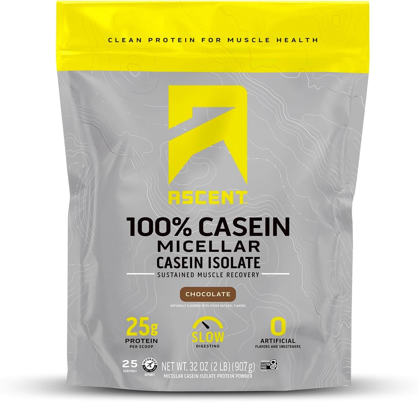 Ascent Casein Protein Powder – 25g Micellar Casein Powder with Zero Artificial Flavors & Sweeteners, Gluten-Free, No Added Sugar, 4.9g BCAA, 2.2g Leucine – Chocolate, 2 Pounds