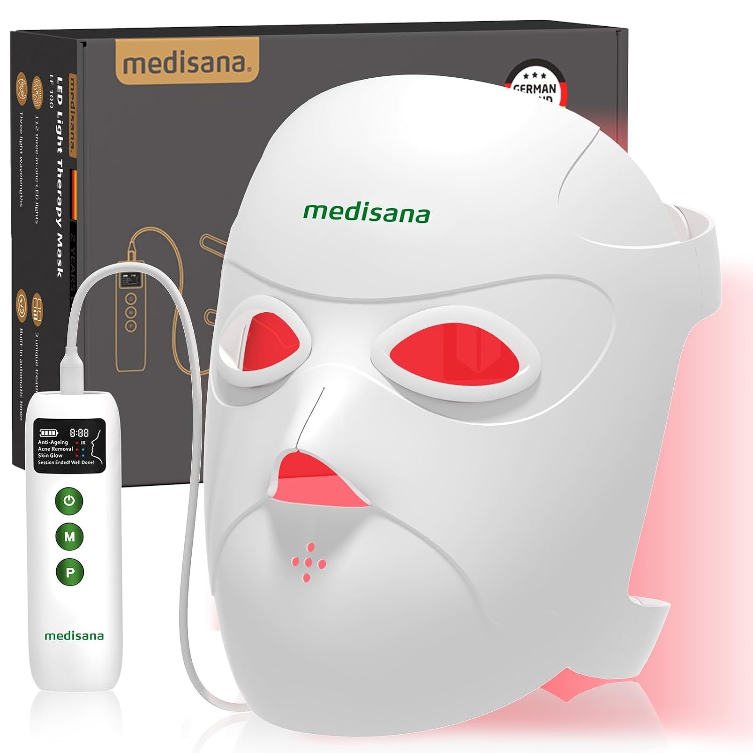Medisana 3D Red Light Therapy Mask for Face, 336 LEDs Light Therapy Mask with 3 Modes – NIR 830nm, Red 630nm, Blue 415nm – Cordless & Rechargeable LED Face Mask for Home, Skincare Gifts (White)
