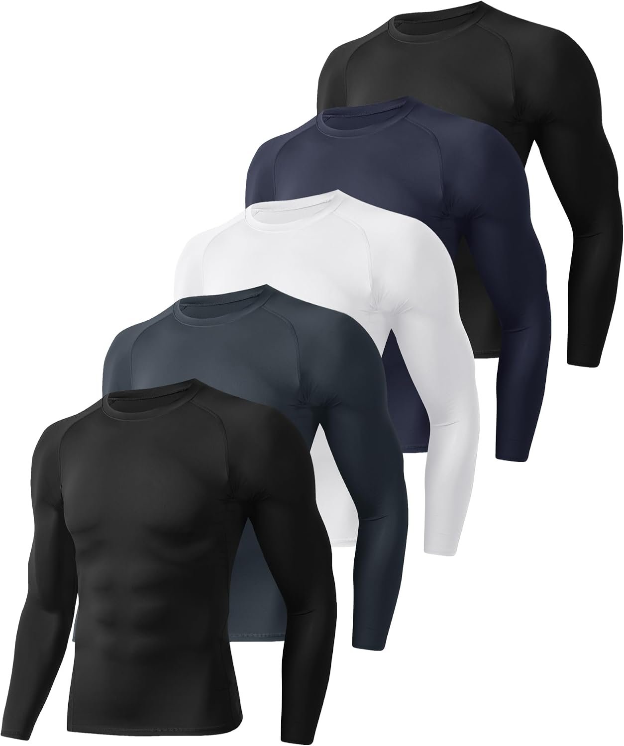 5 Pack Long Sleeve Compression Shirts for Men – Black Quick Dry Workout Base Layer Undershirt Top for Athletic Gym Running