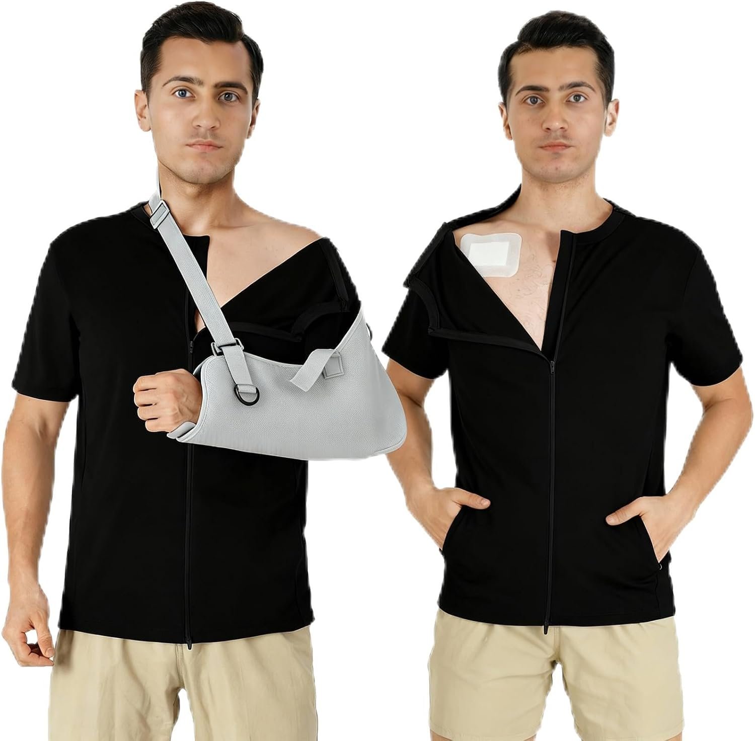 Men’s Shoulder Surgery Shirt with One-Hand Zip for Chemo Port Access & Rotator Cuff Recovery & Puppy Flap Short Sleeve