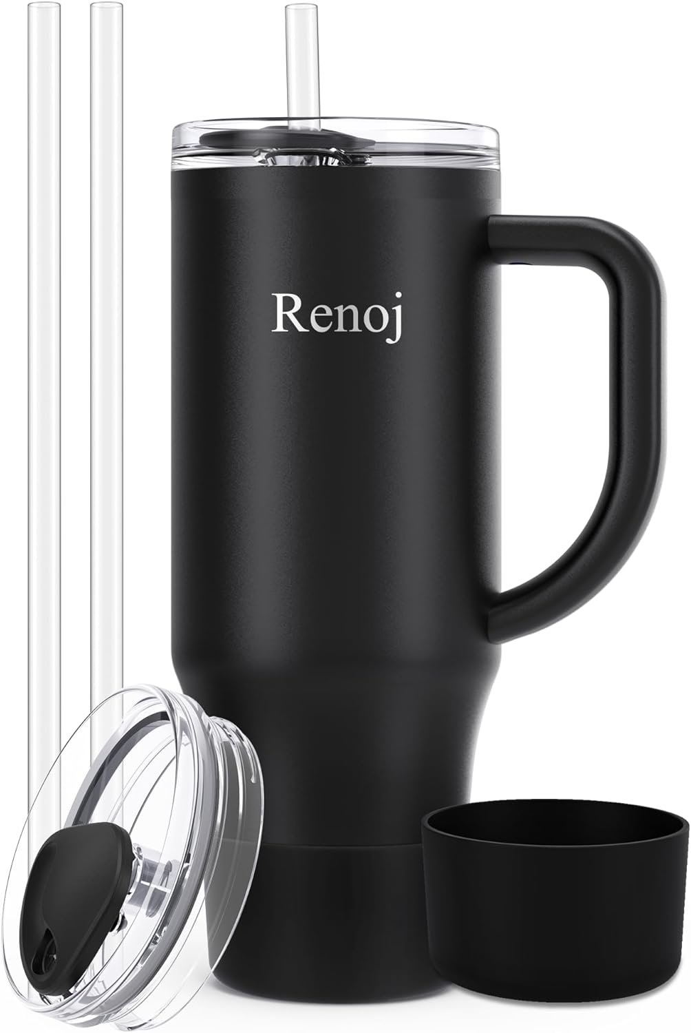 Renoj Insulated Mug 100% Spill Resistant Insulated Water Bottle for Iced Coffee & Hot Drinks – Fits Car Cup Holder, Ideal Gift, 2 Straws & Silicone Boot – FlexSlide White 40 oz