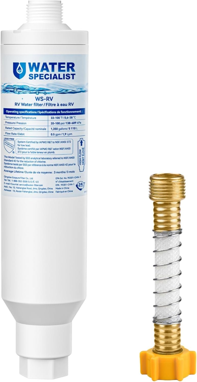 Waterspecialist RV Inline Water Filter, NSF Certified, Reduces Chlorine, Bad Taste and Odor, Rust, Corrosion, Sediments, and Turbidity, Dedicated for RVs, 1 Pack Water Filter with Hose Protector