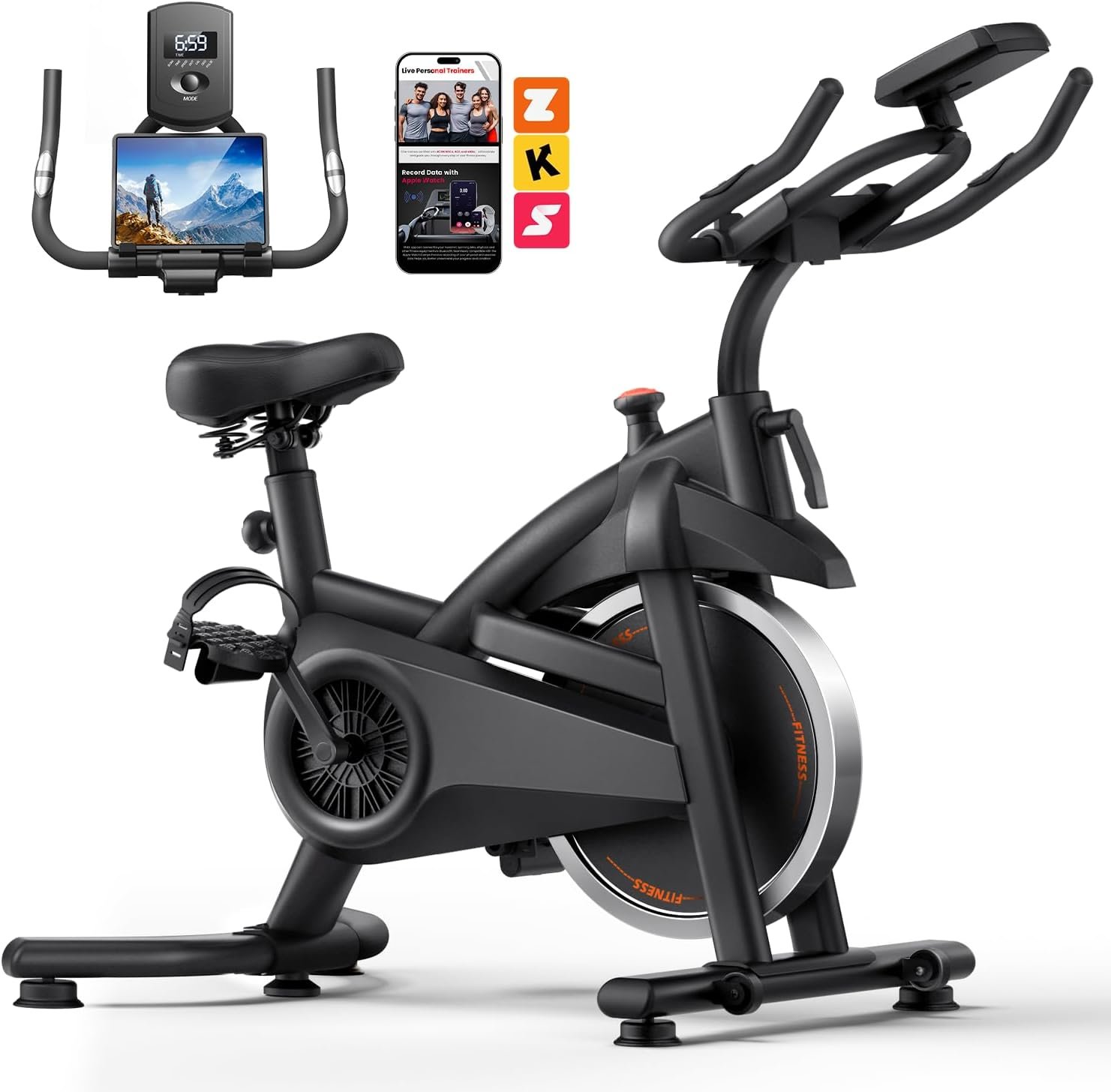 Exercise Bike,Brake Pad Stationary Bike for Home with 0-100 Resistance & App, Silent Belt Drive Stationary Workout Bike for Home with Comfort Seat, Low Noise Indoor Cycling Bike with Heart Rate / Tablet & Bottle Holder, 300 LBS Capacity