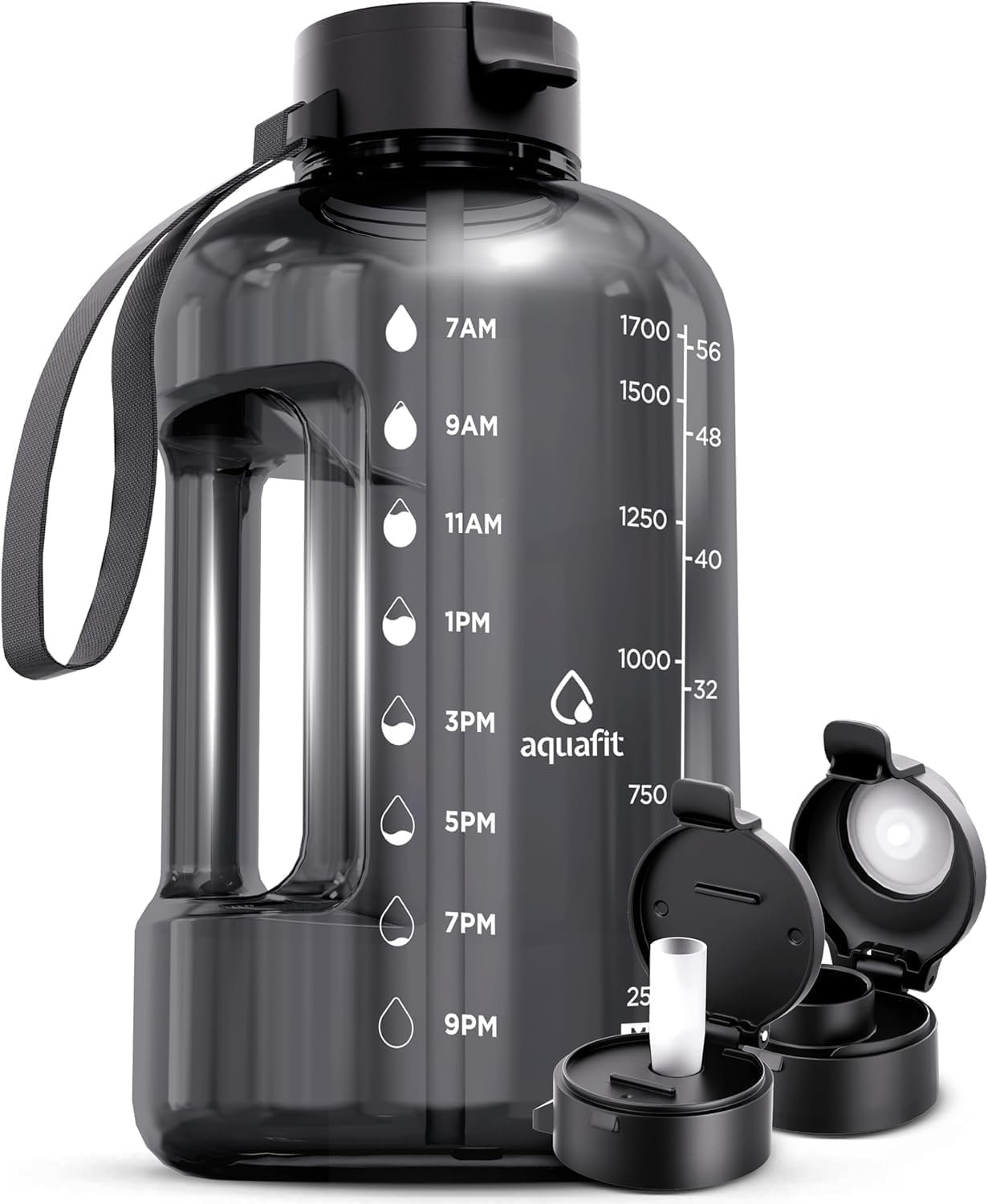 AQUAFIT 64 oz Water Bottle with Time Marker – Straw & Chug Lid – BPA Free Half Gallon Gym Water Bottle with Handle – Big Gallon Jug (Gray, 64 Ounces)