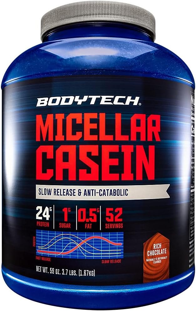 BodyTech Micellar Casein Protein Powder – Slow-Release for Overnight Muscle Recovery – 24g Protein per Serving – Rich Chocolate (4 lb)