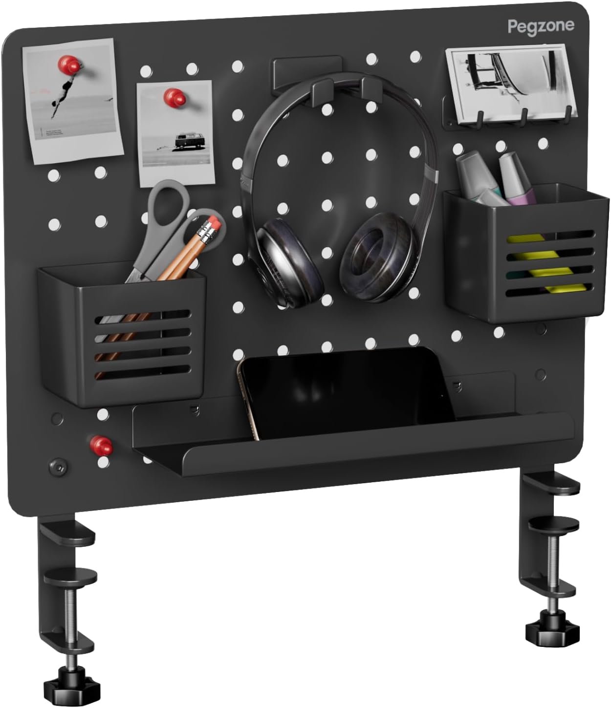 PEGZONE Clamp-on Desk Pegboard, Desk Organizer for Office Gaming Home, Magnetic Metal Peg Board with 10 Accessories, Privacy Panel, 16.5″ x 12.6″, Medium, Black