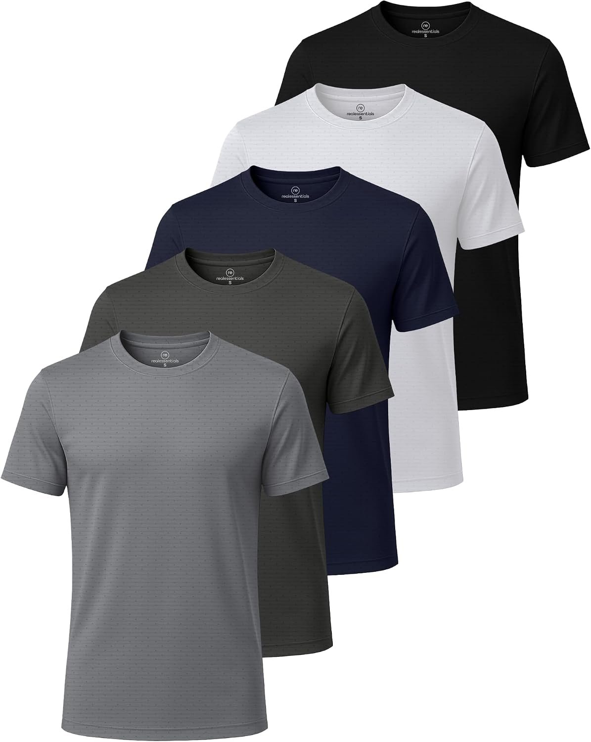 Real Essentials 5 Pack: Men’s Breeze Tech Crew Neck T-Shirts – Short Sleeve Athletic Workout Gym Tees (Big & Tall Available)