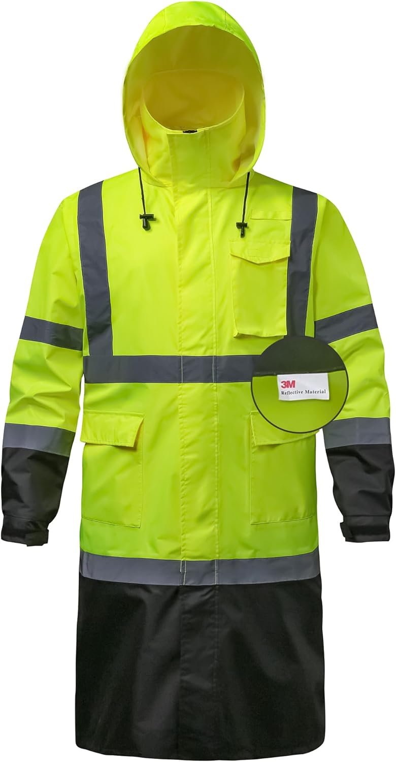 Reflective Rain jackets for men waterproof,Hi Vis Rain Coat With 3M Reflective Strips，High Visibility Class 3 Rain Gear With 2 large pockets，Zipper,Black Bottom Lime，Medium