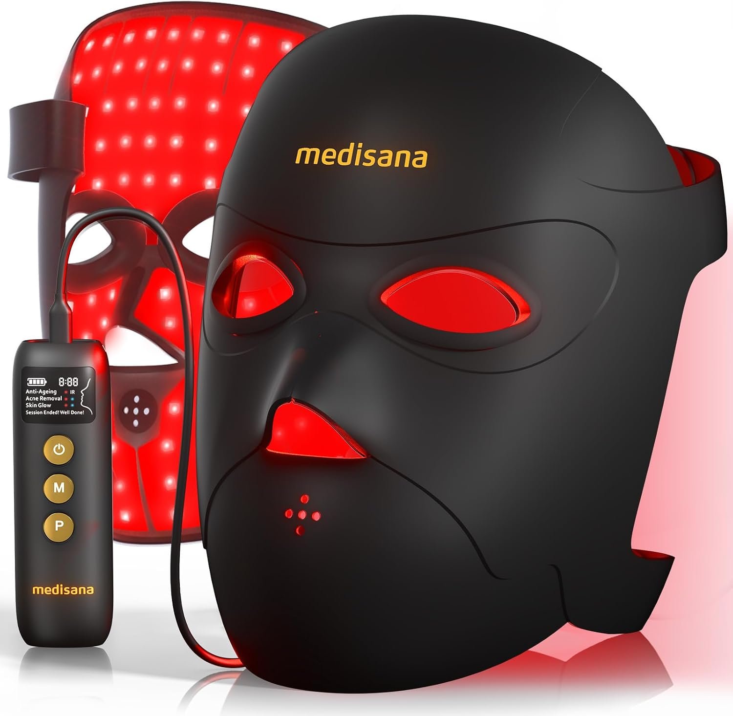 Medisana 3D Red Light Therapy Mask for Face, 336 LEDs Light Therapy Mask with 3 Modes – NIR 830nm, Red 630nm, Blue 415nm – Cordless & Rechargeable LED Face Mask for Home, Skincare Gifts (Black)