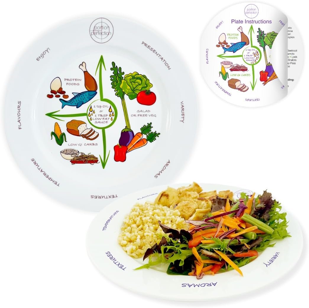 Portion Perfection PORCELAIN Weight Control Plate for Women & Men, 2 Weightcontrol Serving Sizes on all 10-inch Adult Portion Control Plates, Ideal Weight Control Products, Diabetes & Healthier Diets