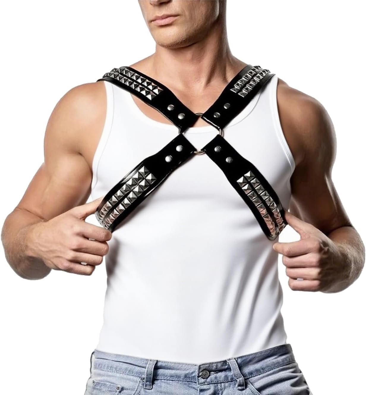Men’s X-Strap Chest Harness with Rivets, Adjustable PU Leather Body Harness Belt for Punk Cosplay, Muscle Show Clubwear Nightclub Stage Party Outfits X023