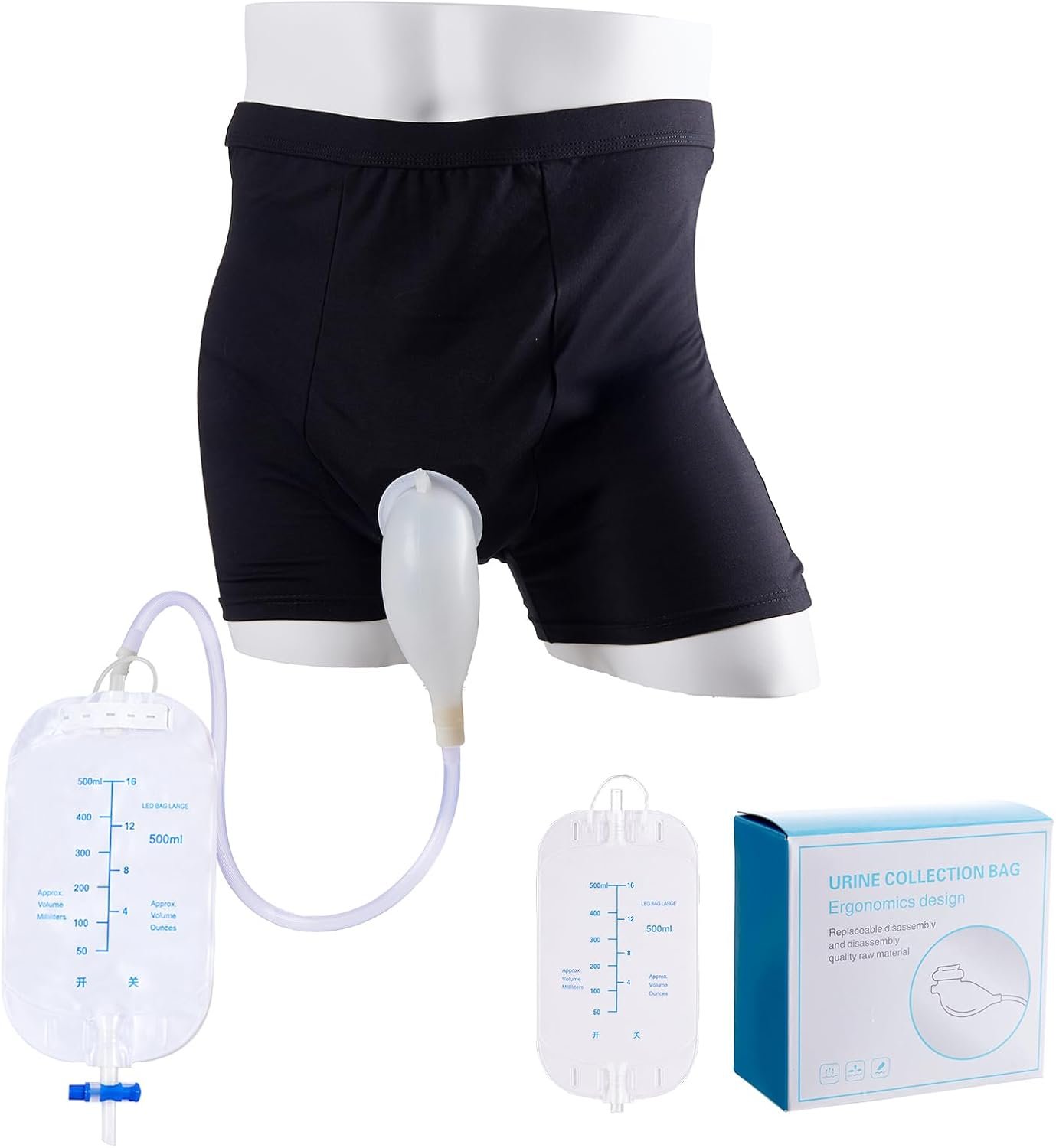 External Catheter Kit for Men, Wearable Urine Collection Bag Reusable Male Urine Collector, Portable Silicone Catheter Device with Two 500ml Urine Leg Bag (S)
