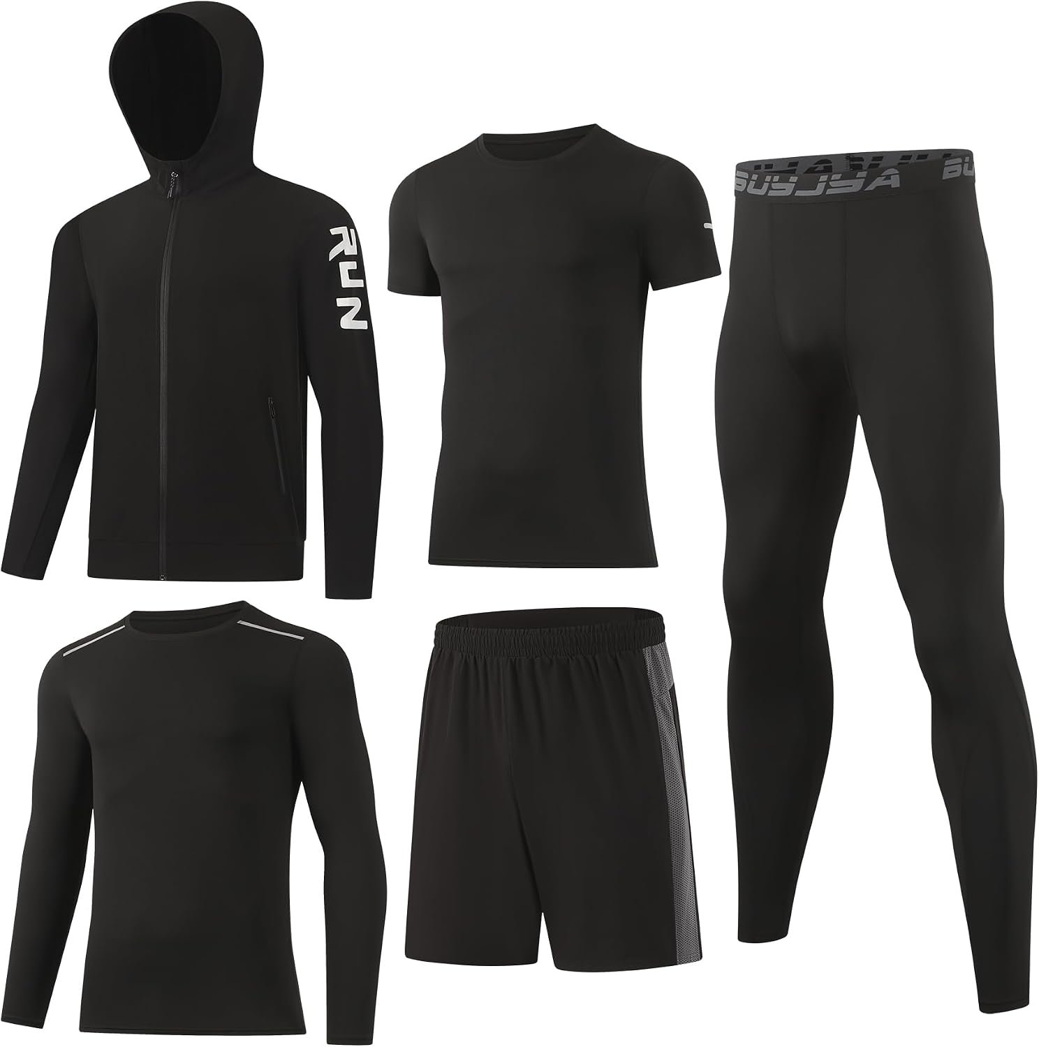 BUYJYA 5Pcs Men’s T Shirts Workout Long Sleeve Athletic Zip Pocket Shorts Jackets Compression Pants Gym Clothes