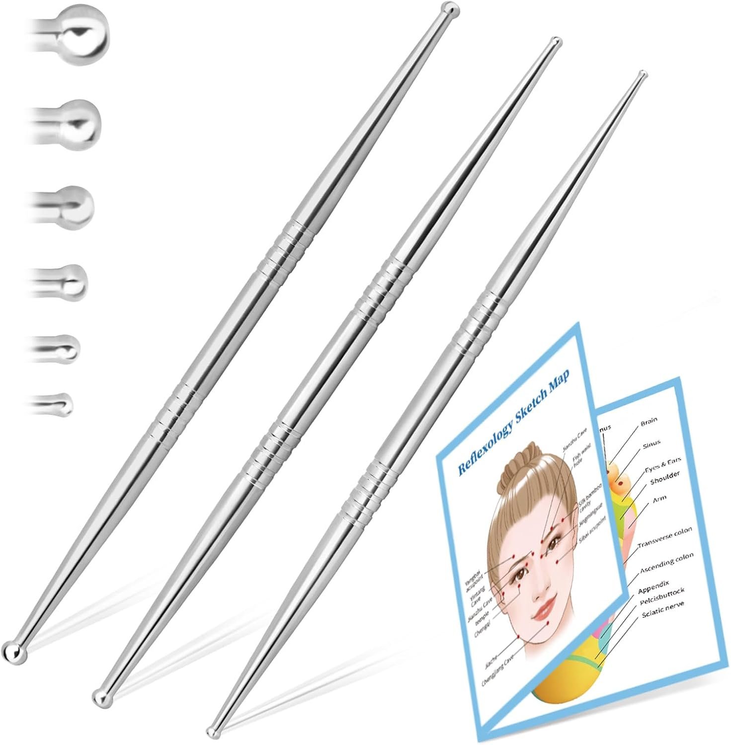 ideayard Facial Reflexology Tool, 3 Pieces/6 Sized Headed Stainless Steel Acupuncture Pen for Ear, Face & Body Acupressure, Massage, Deep Tissue Pain Relief & Muscle Relaxation