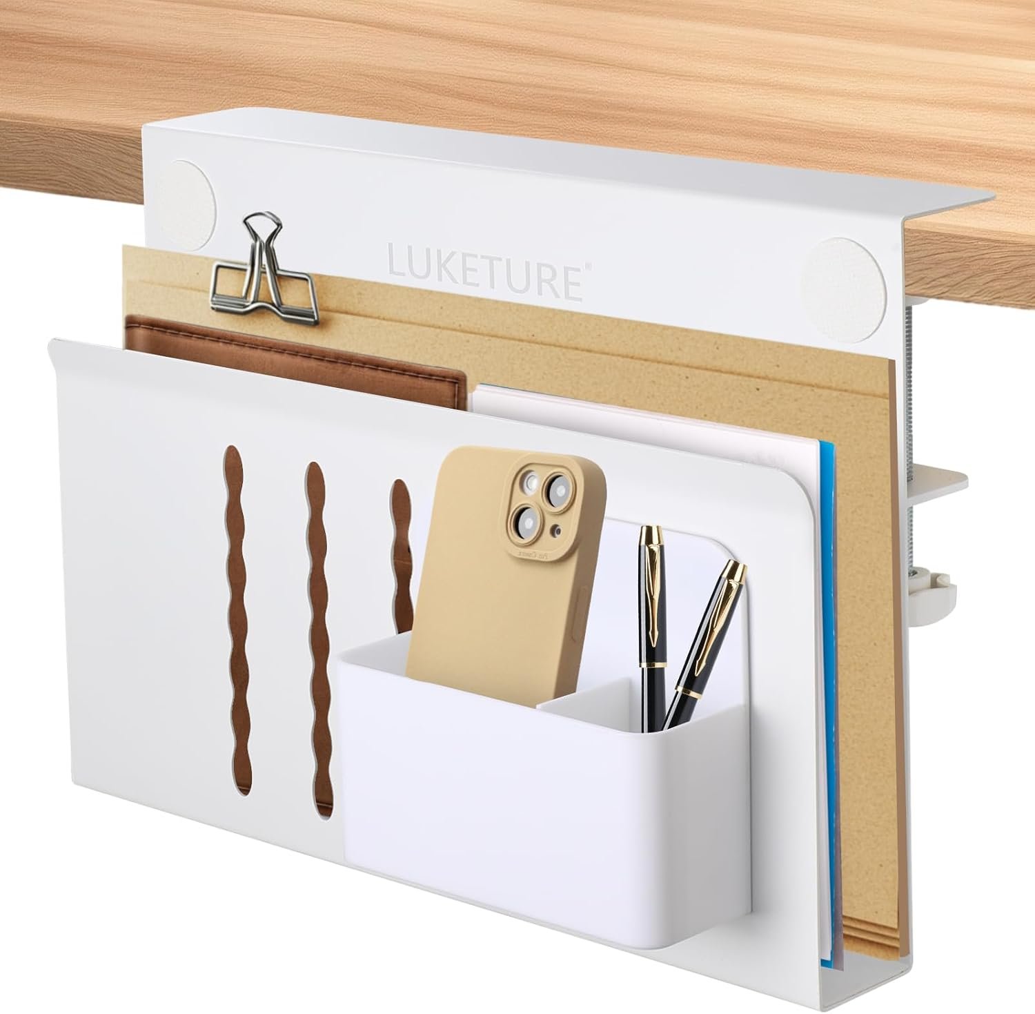 LUKETURE Laptop Holder, Steel Desk Side Storage, No Drill Standing Desk Accessories, Laptop Mount with Pen Holder, Back to School Supplies, Fits Flat Edge Tables 0.3″ to 2.8″ (White, M(1 Tier))