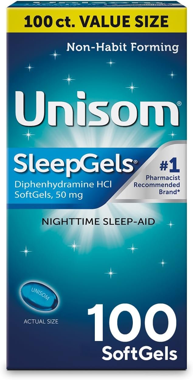 Unisom SleepGels Nighttime Sleep Aid Capsules for Adults, Diphenhydramine HCI 50mg, Non-Habit-Forming Sleep Medicine for Relief from Occasional Sleeplessness, 100 Count