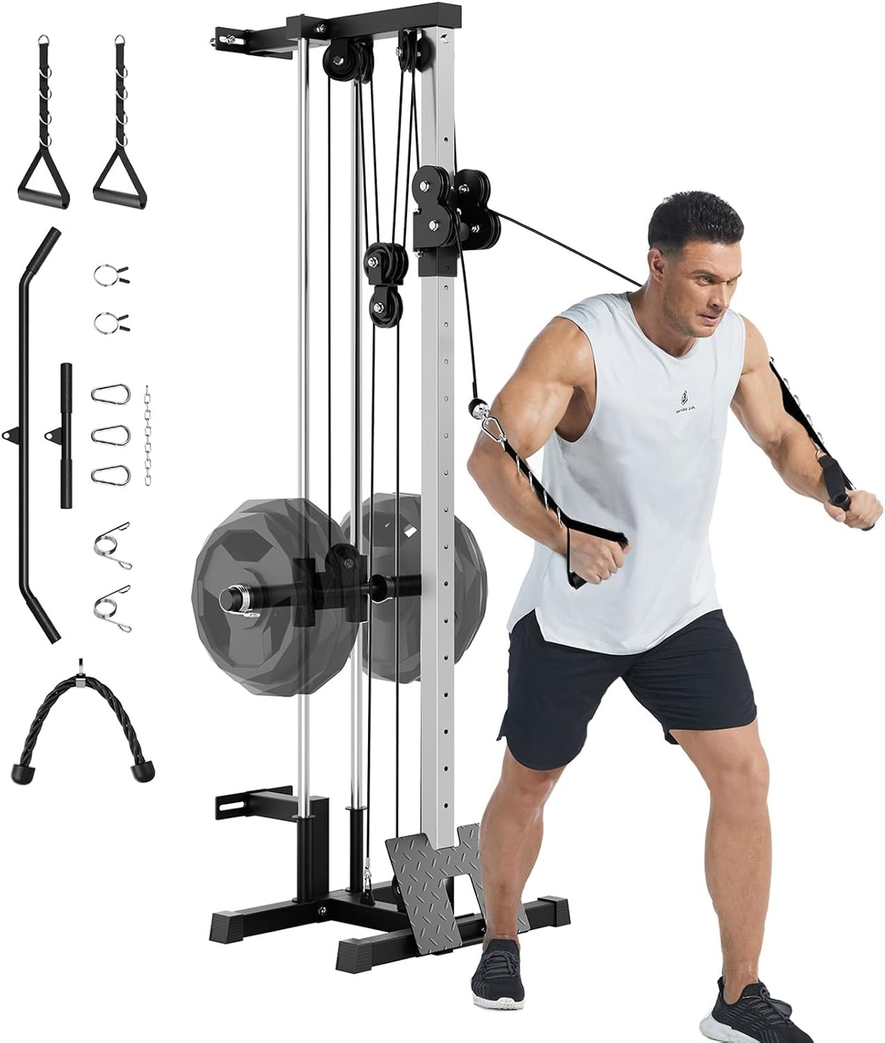 GarveeLife Wall Mount Cable Station, LAT Pulldown Machines with 19 Positions Dual Pulley System, Cable Crossover Machine with Footplate, T-Bar and More Attachments Workout Equipment Home Gym