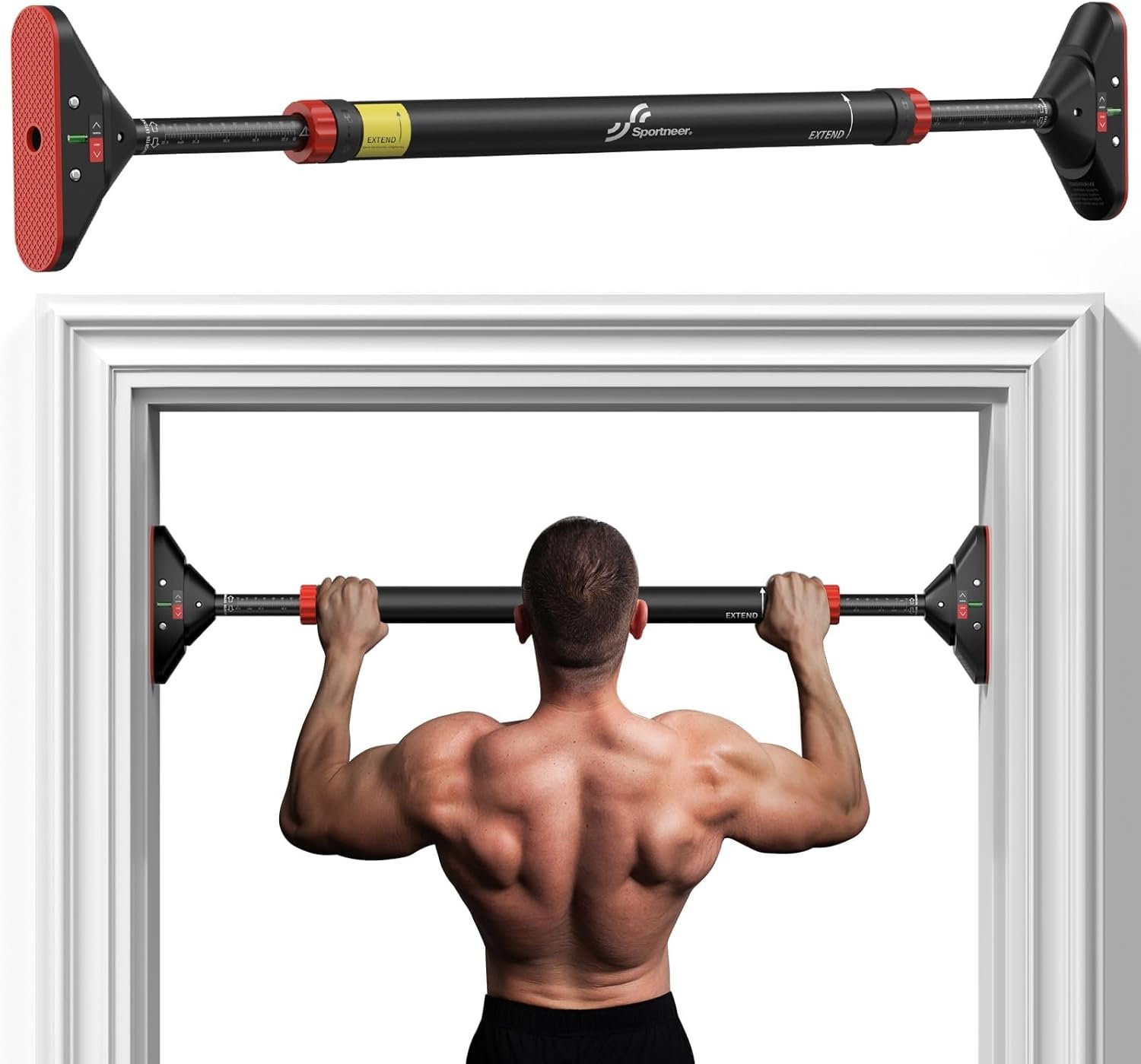 Pull Up Bar for Doorway: Sportneer Strength Training Pull-up Bars without Screw – Adjustable Width Locking Mechanism Chin Up Bar, Thickened Steel Max Limit 440 lbs Upper Body Fitness Pullup Bars for Home (Black-Red)