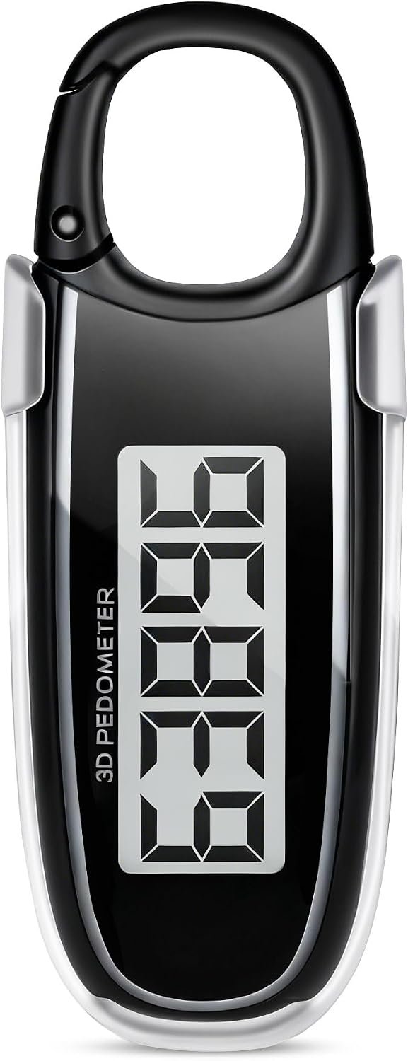 3D Pedometer for Walking, Step Counter with Clip & Carabiner, Accurate Fitness Tracker with Large Display & 10-Step Error Prevention for Seniors, Women, Men, Black