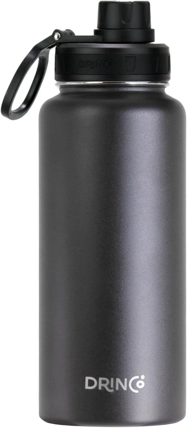DRINCO Stainless Steel Water Bottle Spout Lid Vacuum Insulated Double Wall Water Bottle Wide Mouth (40oz 32oz 22oz 18oz 14oz) Leak Proof Keep Cold Sport Camping Hiking (32 oz, 32oz Black)