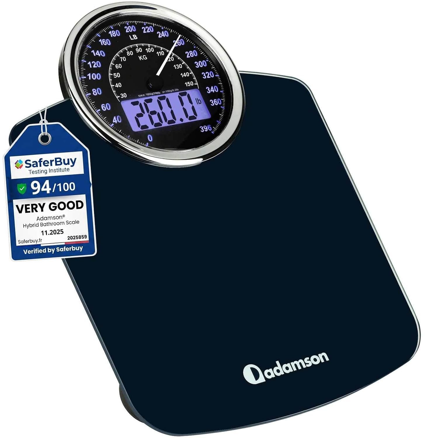 Hybrid Bathroom Scale – Analog & Digital Display, Accurate to 400 lbs | See weight on both an analog dial and digital LCD at once. Wide glass platform, accurate to 0.2 lbs, batteries included.