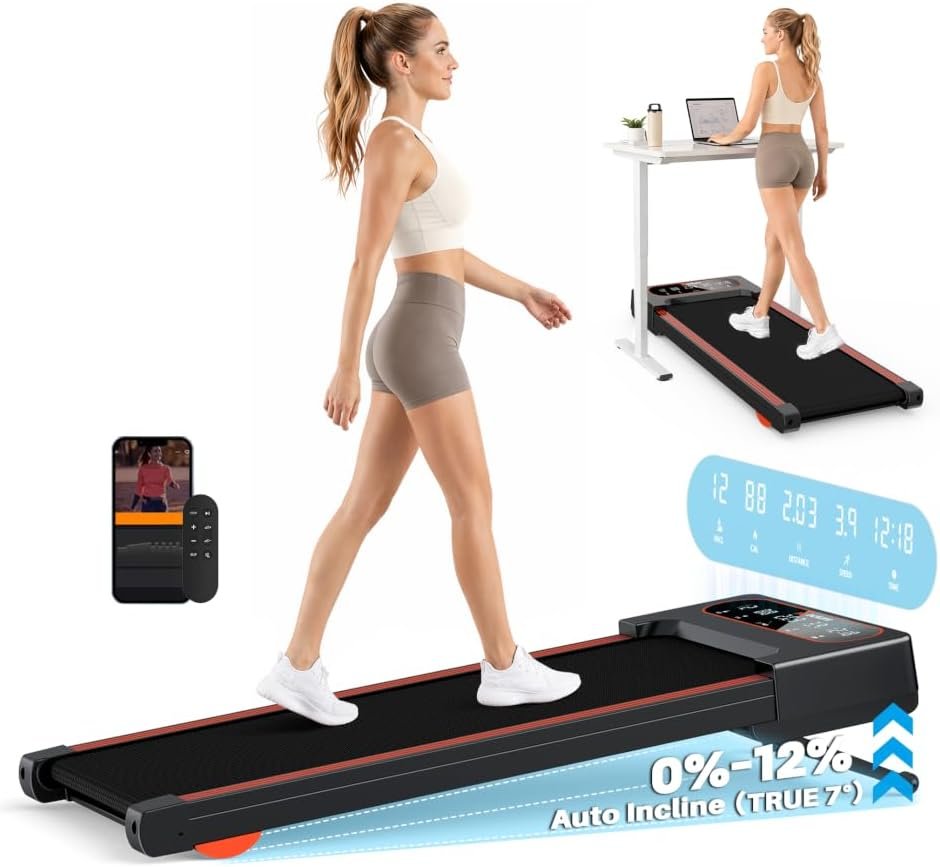 Walking Pad Treadmill with Auto Incline 12%-12Level, Quiet BLDC EvoDrive, Under Desk Treadmill for Home Office, Full Metrics Display, Extra-Large Belt, Quadra Cushion, 300lbs Capacity