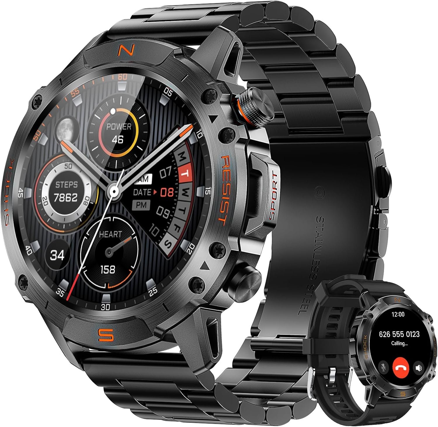 WalkerFit Rugged Military Smart Watch for Men, 1.43″ AMOLED Tactical Fitness Tracker (Answer/Make Call), 5ATM Waterproof, Heart Rate/SpO2/Sleep Monitor, 178+ Sports Modes, for Android iPhone, 2 Bands