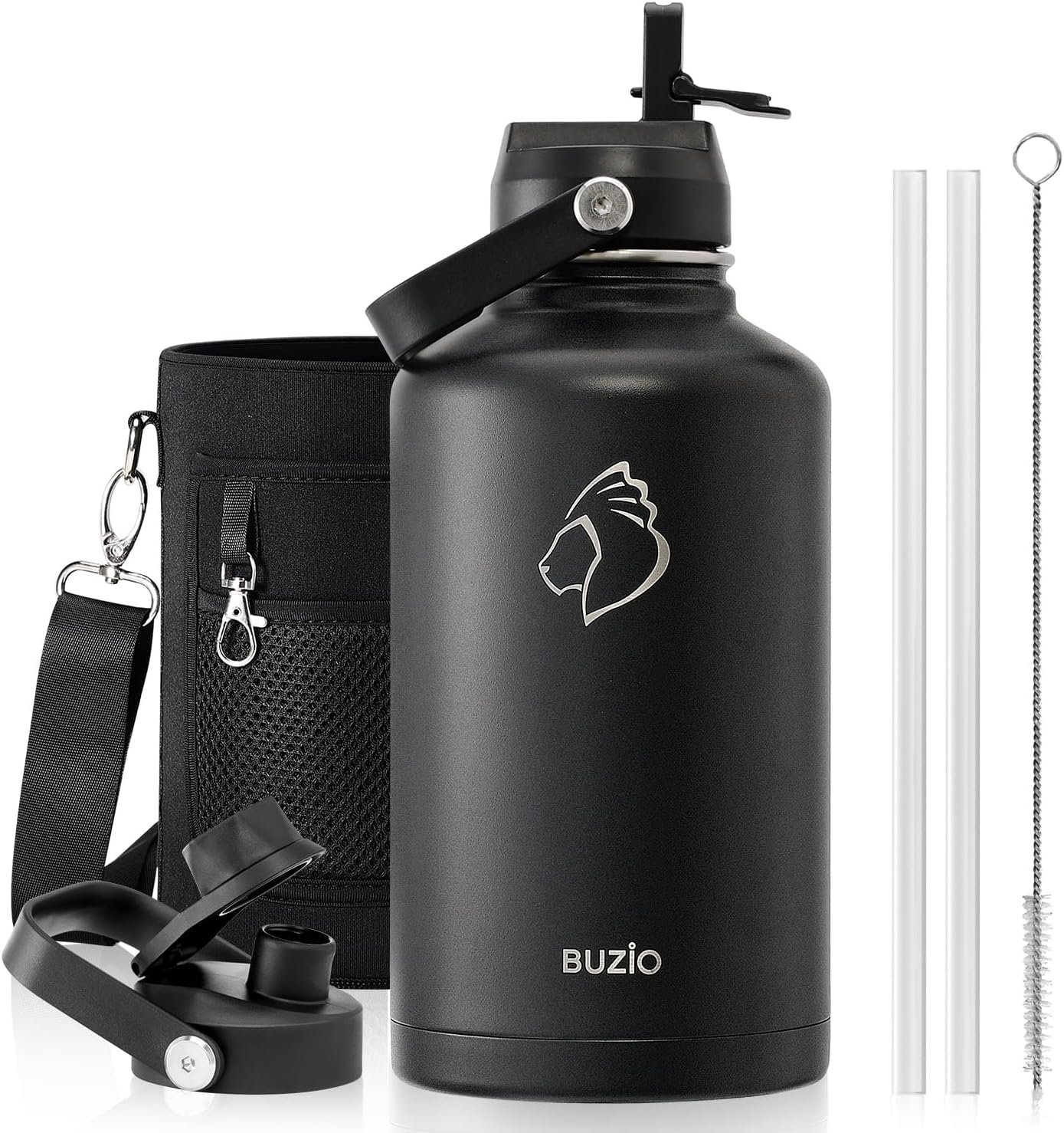 BUZIO Vacuum Insulated Stainless Steel Water Bottle 64oz (Cold for 48 Hrs/Hot for 24 Hrs) BPA Free Double Wall Travel Mug/Flask for Outdoor Sports Hiking, Cycling, Camping, Running