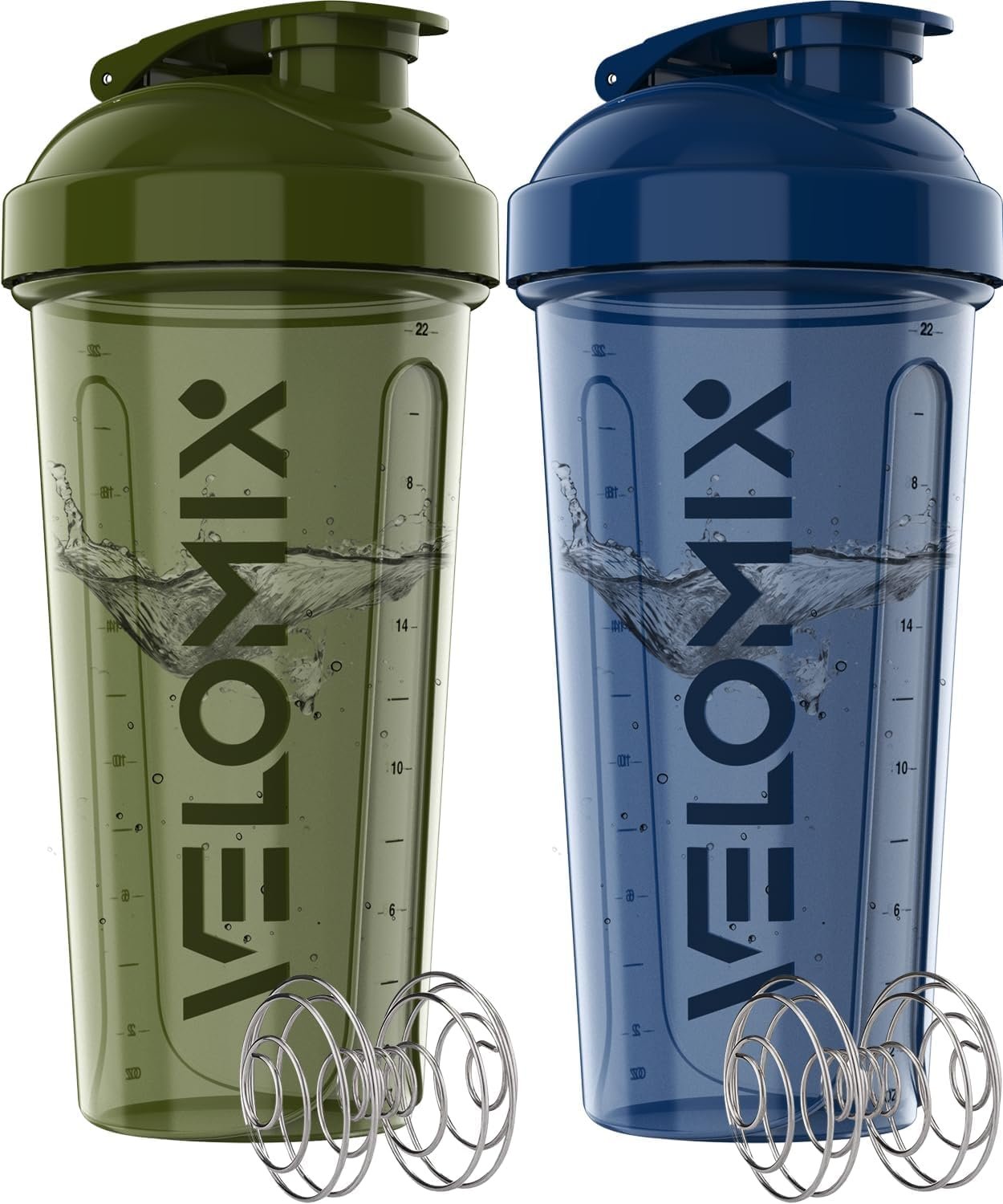 VELOMIX -2 Pack- 28 oz Protein Shaker Bottles for Protein Mixes – 2x Wire Whisk | Leak Proof Shaker Cups for Protein Shakes and Pre Workout | Protein Shaker Bottle Pack (A2) Blue/Green