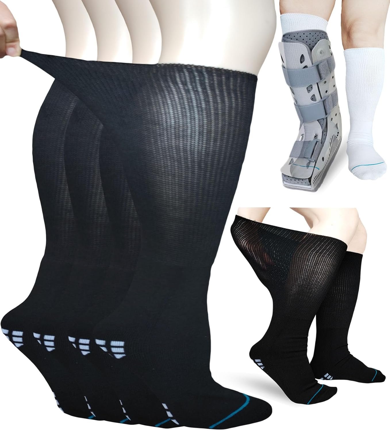 Walking Boot Sock Replacement Extra-Wide Knee High Socks for Foot Brace,Fracture Boot Men & Women 2 Pairs