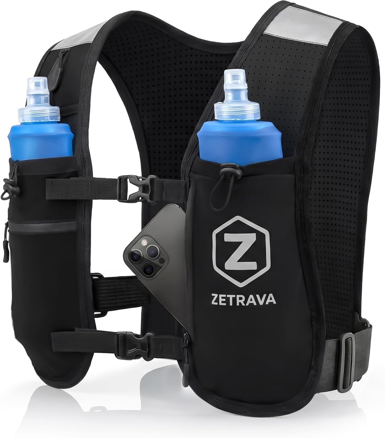 Adjustable Running Vest for Men Women – Running Hydration Vest with Two 500ml/17oz Bottles & Reflective Strips, Multiple Pockets & Bounce-Free Fit – Runners Vest for Marathon, Hiking & Cycling – Black