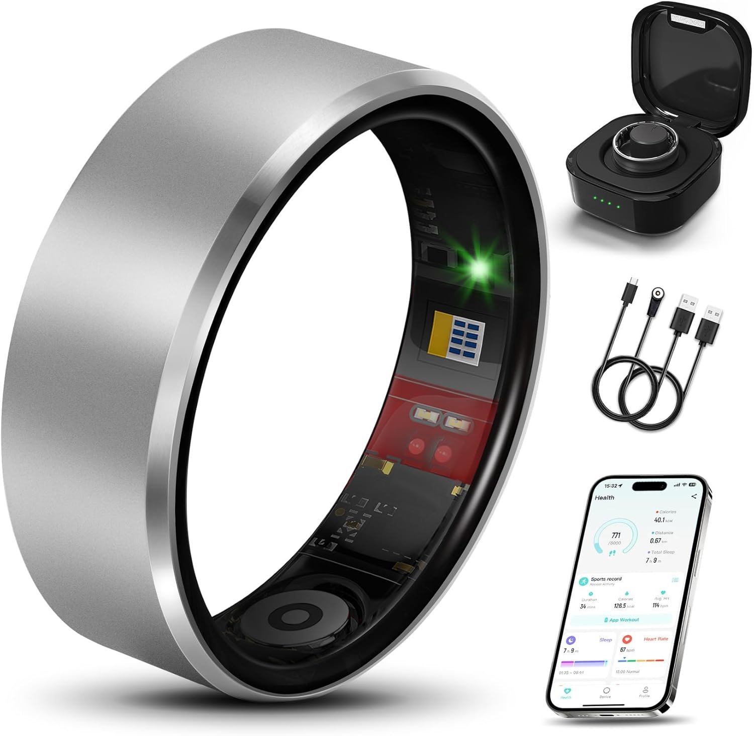 Smart Health Ring 2.0 for Women Men, Slim Scratch & Fingerprint Resistant Design, Efficient Chip Fitness Tracker, Monitors Heart, Blood Oxygen & Pressure, Light Gray 8