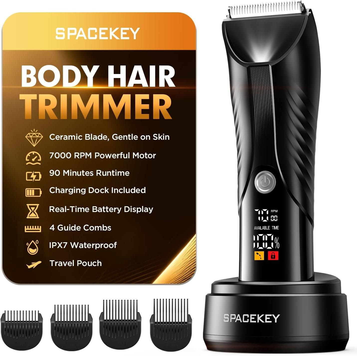 Spacekey Electric Body Hair Trimmer – IPX7 Waterproof Ball Trimmer for Men with LED Light, Wet/Dry Groomer, USB-C Rechargeable, Travel Bag Included – Men’s Pubic, Groin and Body Shave