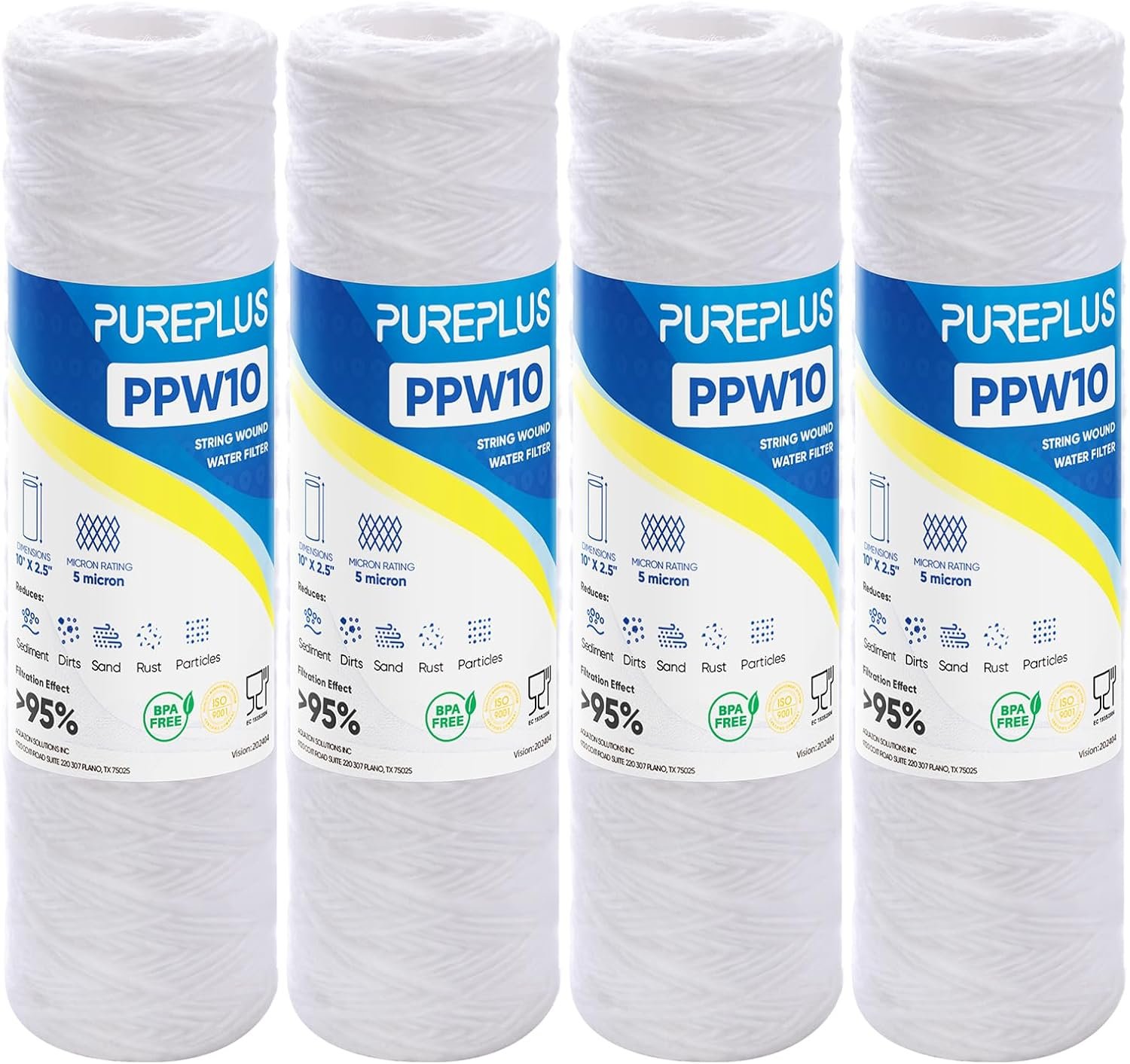 PUREPLUS 5 Micron 10″x2.5″ Whole House String Wound Sediment Filter for Well Water, Replacement Cartridge for Universal 10 inch RO System, WP-5, Aqua-Pure AP110, CFS110, Culligan P5, WFPFC4002, 4Pack