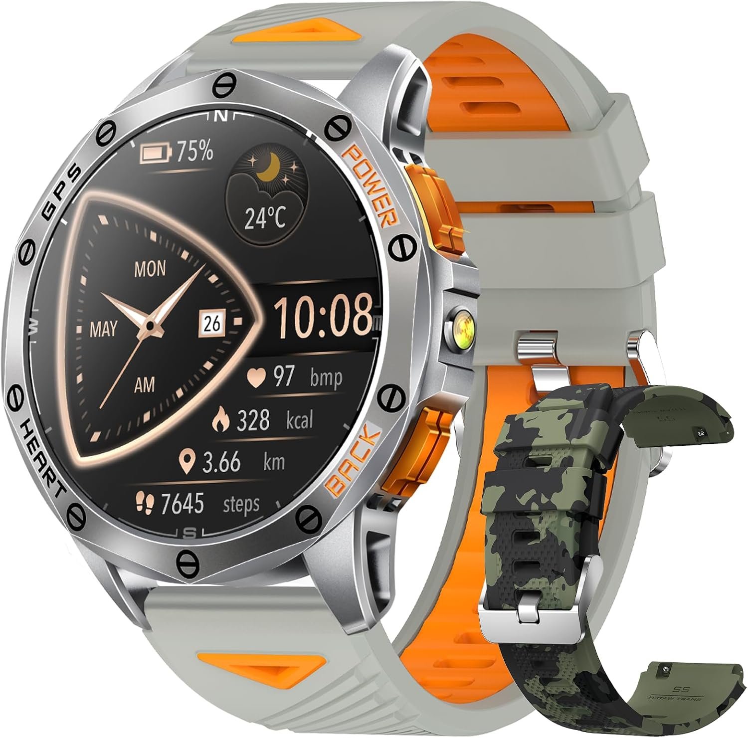 Military Smart Watches Built-in GPS, 170+ Sport Modes for Men with Flashlight, Smartwatch for Android Phones and iPhone, 1.43″ AMOLED Screen Bluetooth Call Compass Altimeter (Sivler & Camo (2 Bands))
