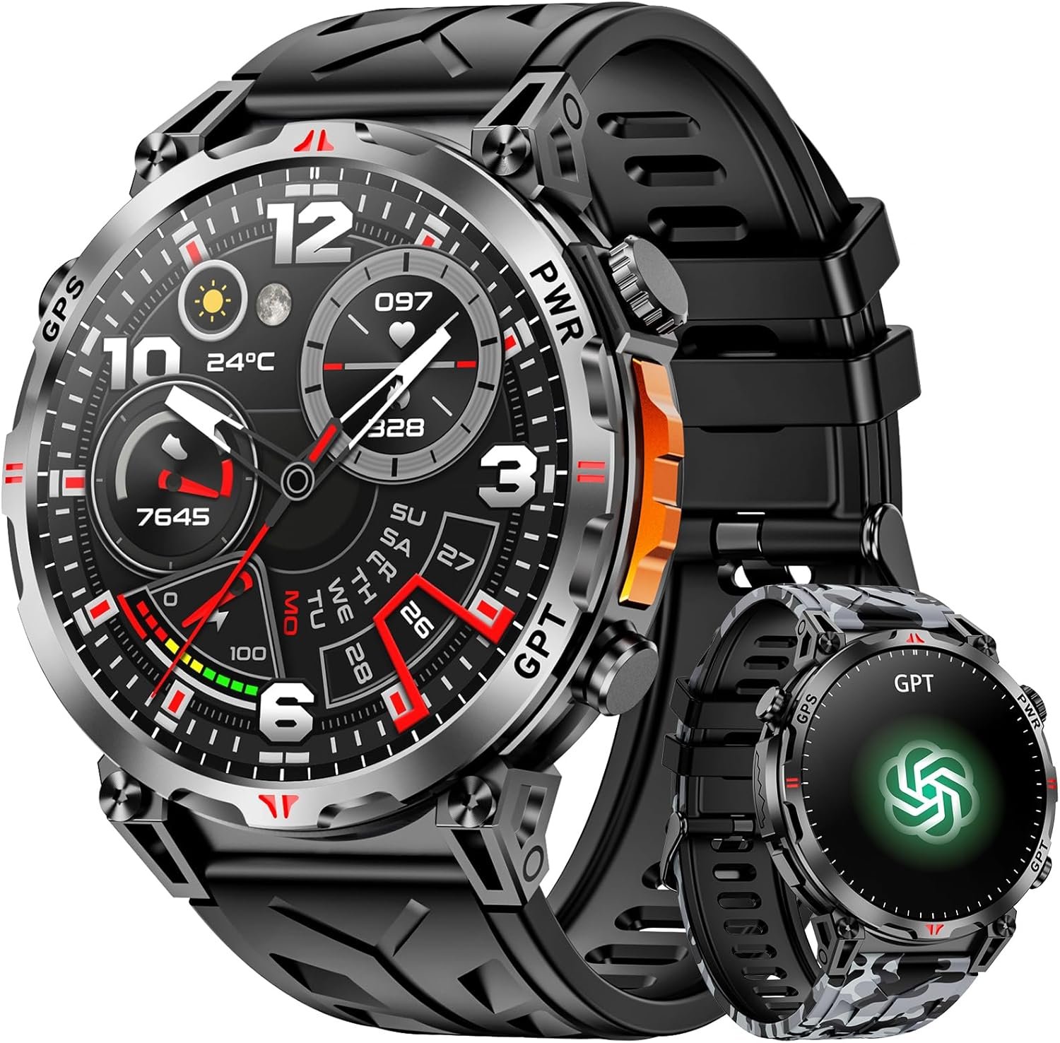 Military Smart Watches for Men with GPS/Compass,GPT Voice Assistant,1.56″ AMOLED Screen,Smart Watch for Android and iPhone(Answer/Make Calls), Heart Rate/Sleep,Multiple Sports Modes