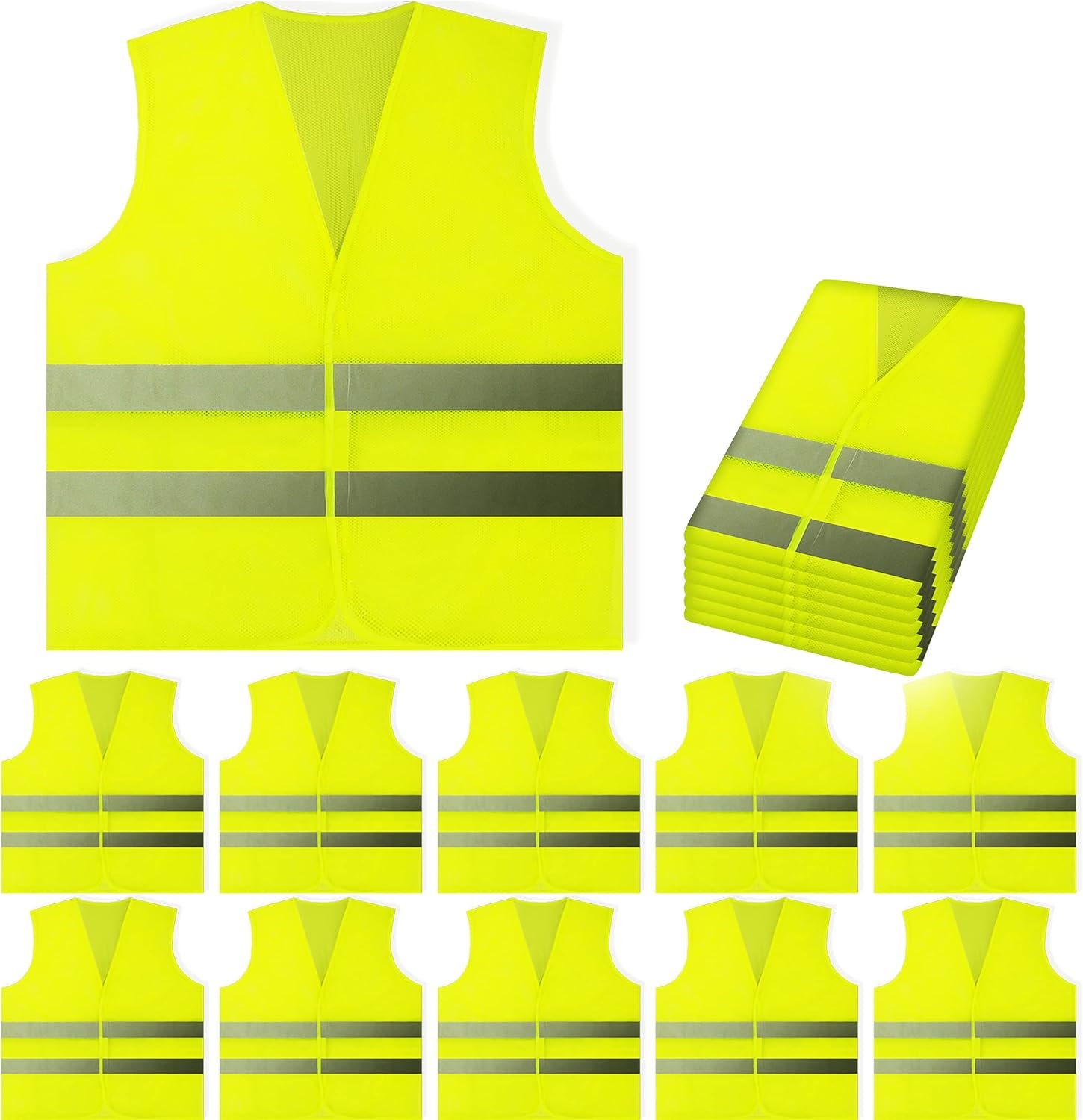 PeerBasics Safety Vests 10 Pack – Yellow Reflective High Visibility, Hi Vis Silver Strip, Men Women, Work, Cycling, Runner, Surveyor, Volunteer, Crossing Guard, Road, Construction, Neon (Mesh, 10)
