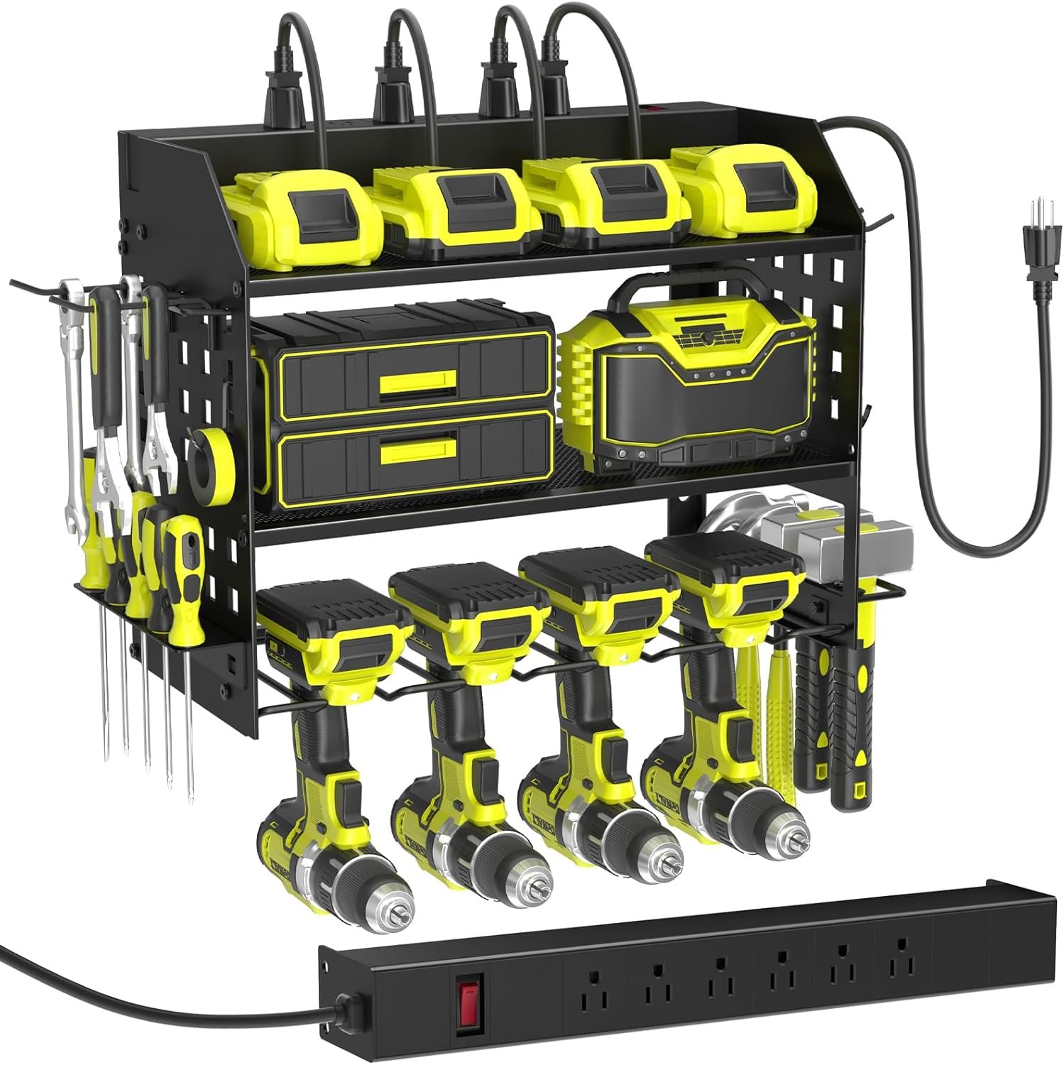 SUNALLY Power Tool Organizer Wall Mount with Charging Station,3 Layer Heavy Duty Metal Tool Storage Rack with 4 Drill Holders, Power Tool Shelf for Garage, Warehouse, Workshop, Gifts for Men, Husband